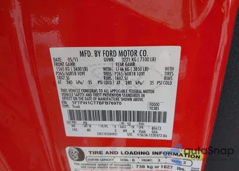 2011 Ford F150 Supercrew z USA, uszkodzony, nr VIN 1FTFW1CT7BFB76970